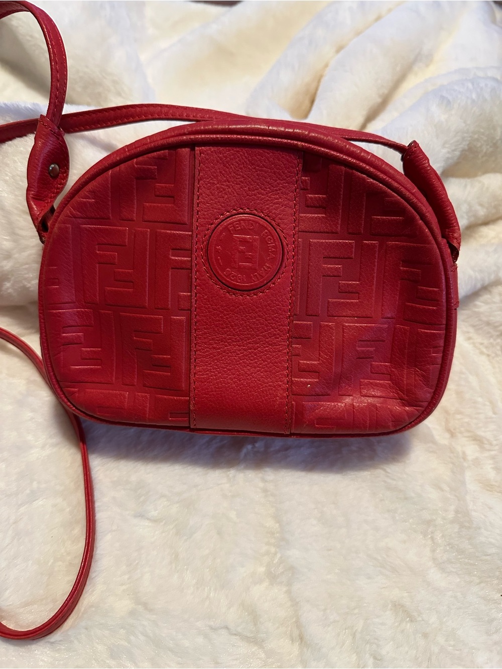 Vintage Fendi Red FF Monogram Embossed Leather Crossbody Camera Bag - Picture 8 of 9